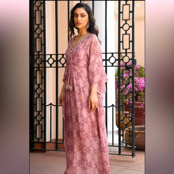 pastel kaftan dress Where contemporary styles blend seamlessly with timeless tradition! This pastel  kaftan with mirror lace detailing is the perfect blend of style and soul.  Only at Lenso Designer  redefining ethnic wear. 
